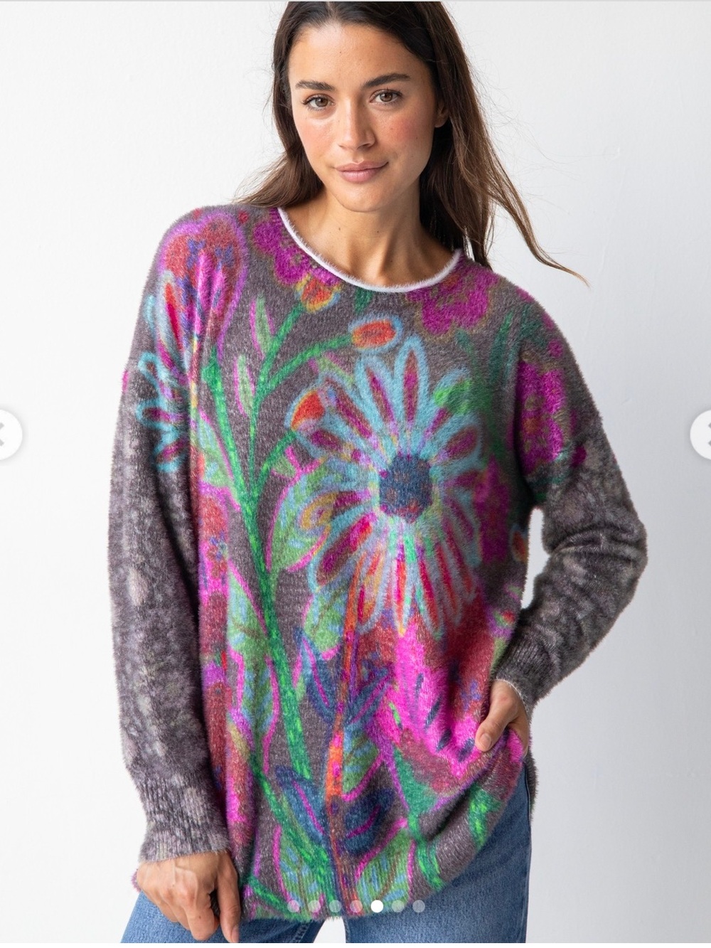 NATURAL LIFE Cashmere - like Pullover Sweater Mauve Folk Floral Scoop Neck